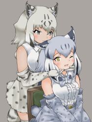 Rule 34 | 2girls, :3, animal print, bare shoulders, blonde hair, blush, bow, bowtie, canadian lynx (kemono friends), cat print, center frills, chair, collared shirt, elbow gloves, eurasian lynx (kemono friends), extra ears, frills, fur collar, gloves, green eyes, grey hair, hair between eyes, hand on another&#039;s face, high-waist skirt, highres, kemono friends, lynx ears, lynx girl, lynx tail, multicolored hair, multiple girls, necktie, one eye closed, open mouth, print bow, print bowtie, print gloves, print necktie, print skirt, print thighhighs, shirt, short hair, sidelocks, sitting, skirt, smile, thighhighs, uf34a, white fur, white shirt, yellow eyes, zettai ryouiki