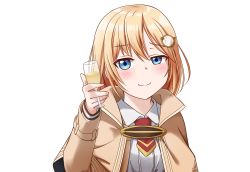 Rule 34 | 1girl, absurdres, blonde hair, blue eyes, closed mouth, cup, drinking glass, hair ornament, highres, holding, holding cup, hololive, hololive english, jan azure, long sleeves, looking at viewer, meme, necktie, red necktie, short hair, smug, solo, transparent background, upper body, virtual youtuber, watson amelia, wine glass