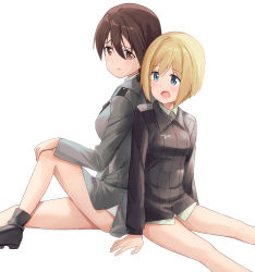 Rule 34 | 2girls, back-to-back, black jacket, blonde hair, blue eyes, brown hair, erica hartmann, feet out of frame, gertrud barkhorn, grey jacket, highres, jacket, long hair, mejina, military, military uniform, multiple girls, open mouth, short hair, simple background, sitting, strike witches, uniform, white background, world witches series