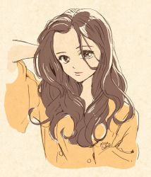Rule 34 | 1girl, arm behind head, beige background, brown eyes, brown hair, derivative work, highres, long hair, looking at viewer, mojacookie, original, parted lips, portrait, real life, shirt, signature, smile, solo, upper body, wide sleeves, yellow shirt