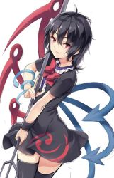 Rule 34 | 1girl, asymmetrical wings, black dress, black hair, black thighhighs, bow, bowtie, closed mouth, cowboy shot, dress, hair between eyes, highres, holding, holding weapon, houjuu nue, looking at viewer, oborofu, polearm, red bow, red bowtie, red eyes, short dress, short sleeves, simple background, sketch, snake, solo, thighhighs, touhou, trident, weapon, white background, wings, wristband