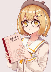 Rule 34 | nanashi inc., animare, beret, brown hair, collarbone, glasses, grey background, hair between eyes, hair ornament, hairclip, hanerilove, hat, highres, inaba haneru (animare), looking at viewer, notebook, school uniform, short hair, simple background, solo, v-shaped eyebrows, virtual youtuber, yellow eyes