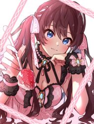 Rule 34 | 1girl, artist name, bare shoulders, blue eyes, blush, breasts, brown hair, cleavage, closed mouth, collarbone, dress, earrings, food, fork, frilled dress, frills, fruit, grk 11601, hair ribbon, hand on own chin, highres, holding, holding fork, ichinose shiki, idolmaster, idolmaster cinderella girls, idolmaster cinderella girls starlight stage, jewelry, long hair, looking at viewer, medium breasts, necklace, picture frame, pink dress, pink ribbon, ribbon, scrunchie, see-through, simple background, smile, solo, strawberry, two side up, wrist scrunchie