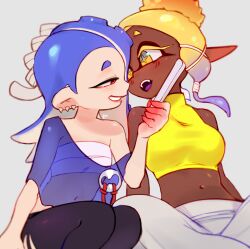 Rule 34 | 2girls, bare shoulders, benzbt, black pants, blonde hair, blue hair, blue shawl, breasts, chest sarashi, colored eyelashes, commentary, crop top, dark-skinned female, dark skin, earrings, english commentary, eyelashes, folding fan, frye (splatoon), gradient hair, grey pants, hand fan, harem pants, highres, holding, holding fan, inkling, jewelry, long hair, medium hair, midriff, multicolored hair, multiple girls, navel, nintendo, octoling, open mouth, pants, pointy ears, purple hair, red eyes, sarashi, see-through, see-through shawl, shawl, shirt, shiver (splatoon), simple background, sitting, sleeveless, sleeveless shirt, smile, splatoon (series), splatoon 3, star-shaped pupils, star (symbol), symbol-shaped pupils, teeth, tentacle hair, thick eyebrows, tooth earrings, torn clothes, torn pants, two-tone hair, upper teeth only, very dark skin, white background, yellow eyes, yellow shirt, yuri