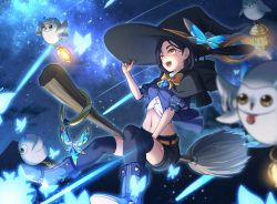 Rule 34 | 1girl, :d, absurdres, belt, black hair, black hat, black shorts, black thighhighs, blue footwear, blurry, blurry foreground, broom, broom riding, crop top, hat, highres, kurata color, midriff, navel, night, open mouth, rinwell (tales), short hair, short shorts, shorts, sky, smile, solo, star (sky), starry sky, stomach, tales of (series), tales of arise, thighhighs, witch, witch hat, yellow eyes, zettai ryouiki