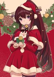 Rule 34 | 1girl, black thighhighs, blush, box, breasts, brown hair, capelet, christmas, christmas ornaments, cleavage, closed mouth, commentary, cowboy shot, gift, gift box, hair between eyes, hair ornament, hat, headgear, holding, holding gift, kantai collection, large breasts, long hair, looking at viewer, medium breasts, mitsuyo (mituyo324), pom pom (clothes), ponytail, purple eyes, red capelet, red hat, santa costume, santa hat, single thighhigh, smile, solo, star (symbol), star hair ornament, thighhighs, yamato (kancolle)