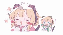 Rule 34 | !, 2girls, animal ear headphones, animal ears, atat250, blonde hair, blue archive, blue necktie, bow, cat ears, cat tail, chibi, closed eyes, collared shirt, cropped torso, disembodied limb, dress shirt, fake animal ears, fake tail, green bow, hair bow, headpat, headphones, highres, long sleeves, medium hair, midori (blue archive), momoi (blue archive), motion lines, multiple girls, necktie, open mouth, pointing, pointing at another, red bow, shirt, siblings, sisters, tail, twins, upper body, v-shaped eyebrows, white shirt, wide sleeves