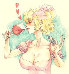 Rule 34 | 1girl, blonde hair, bow, breasts, cleavage, collarbone, colored pencil (medium), cup, curly hair, drinking glass, closed eyes, fingernails, flandre scarlet, food, frilled sleeves, frills, hair bow, heart, holding, large breasts, long fingernails, macaron, mago (gengennikoniko), nail polish, no headwear, no headwear, aged up, pink bow, profile, red nails, short hair, side ponytail, solo, touhou, traditional media, upper body, wine glass