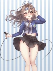 Rule 34 | 1girl, absurdres, barcode scanner, black skirt, blue shirt, blush, breasts, brown eyes, brown hair, collared shirt, feet out of frame, hachimaki, headband, highres, holding, kantai collection, lawson, long hair, long sleeves, looking at viewer, nuka (nvkka), open mouth, pleated skirt, shirt, skirt, small breasts, solo, zuihou (kancolle)