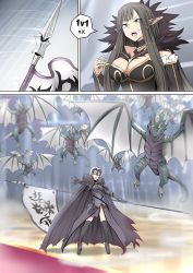 Rule 34 | 2girls, armor, banner, boots, breasts, brown hair, cape, cleavage, comic, dragon, dragon claw, dragon wings, fate/grand order, fate (series), flag, fur collar, fur trim, ginhaha, glowing, glowing eyes, grey hair, headwear request, jeanne d&#039;arc (fate), jeanne d&#039;arc alter (avenger) (fate), jeanne d&#039;arc alter (fate), large breasts, long hair, multiple girls, pointy ears, polearm, red carpet, semiramis (fate), short hair, spear, spikes, sweatdrop, thighhighs, weapon, wings, wyvern, yellow eyes