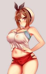 Rule 34 | 1girl, atelier (series), atelier ryza, atelier ryza 1, blush, breasts, brown eyes, brown hair, covered erect nipples, hair ornament, hairclip, hat, hevn, jewelry, large breasts, looking at viewer, navel, necklace, reisalin stout, short hair, short shorts, shorts, simple background, solo, star (symbol), star necklace