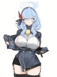 Rule 34 | 1girl, absurdres, ako (blue archive), bell, black gloves, blue archive, blue eyes, blue hair, blush, breasts, buttons, commentary, curvy, ear piercing, fuyu yafunu, gloves, hair between eyes, hairband, halo, highres, huge breasts, large breasts, long sleeves, neck bell, open clothes, piercing, sideboob, simple background, solo, thick thighs, thighhighs, thighs, white background, wide hips