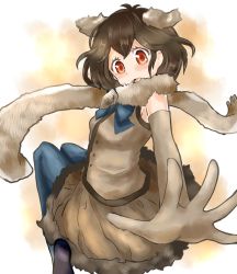Rule 34 | 10s, 1girl, back, blush, bow, bowtie, brown hair, emu (kemono friends), feathered wings, gloves, head wings, kemono friends, open mouth, orange eyes, pantyhose, scarf, simple background, solo, tatsuno newo, white background, wings