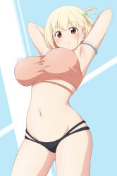 Rule 34 | 1girl, armlet, armpits, arms up, bikini, blonde hair, blush, breasts, closed mouth, cowboy shot, from below, highres, impossible clothes, large breasts, looking at viewer, looking down, lycoris recoil, masakin, mismatched bikini, navel, nishikigi chisato, one side up, red eyes, short hair, smile, solo, stomach, swimsuit