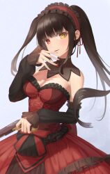 Rule 34 | 1girl, absurdres, asymmetrical hair, black sleeves, bow, breasts, brown hair, cleavage, clock eyes, date a live, detached collar, detached sleeves, dress, floating hair, frilled hairband, frills, gothic lolita, grey background, gun, hair ribbon, hairband, head tilt, headband, heterochromia, highres, holding, holding gun, holding weapon, lolita fashion, lolita hairband, long hair, long sleeves, looking at viewer, medium breasts, mrotan, open mouth, red bow, red dress, red eyes, red headband, red ribbon, ribbon, sleeves past wrists, solo, strapless, strapless dress, symbol-shaped pupils, tokisaki kurumi, twintails, very long hair, weapon, yellow eyes