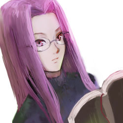 Rule 34 | 00s, book, casual, fate/stay night, fate (series), glasses, lowres, medusa (fate), medusa (rider) (fate), open book, purple eyes, purple hair, reading, solo, square pupils