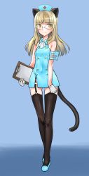 Rule 34 | 1girl, alternate costume, animal ears, aohashi ame, aqua dress, aqua footwear, aqua hat, armband, black thighhighs, blonde hair, blue background, blunt bangs, cat ears, cat tail, clipboard, closed mouth, cross, dress, english text, flats, french text, full body, garter straps, glasses, gloves, gluteal fold, hat, highres, holding, light smile, long hair, looking at viewer, microdress, nurse, nurse cap, panties, perrine h. clostermann, red cross, shoes, side slit, solo, standing, strike witches, tail, thighhighs, underwear, white gloves, white panties, world witches series, yellow eyes