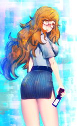 Rule 34 | 1girl, abstract background, ass, blue skirt, blush, breasts, brown eyes, brown hair, closed mouth, cowboy shot, from behind, frown, glasses, hakkasame, highres, holding, holding phone, kiryuu moeka, large breasts, long hair, looking at viewer, looking back, pencil skirt, phone, ribbon, shirt, short sleeves, skirt, solo, steins;gate, thick eyelashes, thighs, wavy hair, white shirt