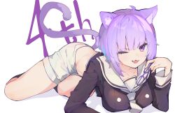 Rule 34 | 1girl, ;d, absurdres, ahoge, animal ears, black shirt, black socks, blue hair, breasts, buttons, cat ears, cat girl, cat tail, colored inner hair, cropped shirt, diagonal bangs, double-breasted, fangs, groin, highres, hololive, kneehighs, large breasts, looking at viewer, lying, midriff, multicolored hair, navel, neckerchief, nekomata okayu, nekomata okayu (casual), official alternate hairstyle, on stomach, one eye closed, open mouth, purple eyes, purple hair, sailor collar, sailor shirt, sauce darusungi, shirt, short hair, shorts, skin fangs, smile, socks, solo, tail, thighs, twisted torso, virtual youtuber, white neckerchief, white sailor collar, white shorts