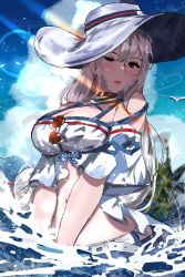 Rule 34 | 1girl, :d, arknights, bare shoulders, black choker, breasts, choker, cleavage, day, hair between eyes, hat, highres, jannong, large breasts, long hair, looking at viewer, off-shoulder shirt, off shoulder, official alternate costume, open mouth, outdoors, palm tree, red eyes, shirt, silver hair, skadi (arknights), skadi (waverider) (arknights), smile, solo, splashing, tree, upper body, white hat, white shirt