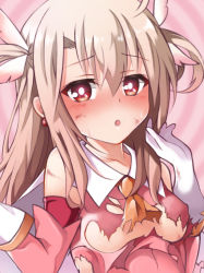 Rule 34 | 1girl, blonde hair, blush, breasts, dress, fate/kaleid liner prisma illya, fate (series), feathers, hair between eyes, highres, illyasviel von einzbern, long hair, magical girl, mochi (k620803n), open mouth, pink dress, pink feathers, prisma illya, red eyes, small breasts, solo, torn clothes, two side up