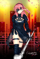 Rule 34 | 1girl, black dress, black gloves, black thighhighs, blush, breasts, building, cherry blossoms, city, cityscape, cleavage, cleavage cutout, clochetteravine, clothing cutout, cosplay, crossover, dress, eyepatch, gloves, hair ornament, hairband, highres, holding, hololive, large breasts, long hair, long sleeves, looking at viewer, nier (series), nier:automata, orange sky, petals, pink hair, puffy sleeves, sakura miko, serious, side slit, sky, skyscraper, square enix, staff, thigh strap, thighhighs, virtual youtuber, walking, x hair ornament, yellow eyes, 2b (nier:automata) (cosplay)