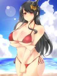 Rule 34 | 10s, 1girl, alternate costume, beach, bikini, black hair, blush, breast hold, breasts, cleavage, curvy, day, en (paorasuteki), female focus, fusou (kancolle), gradient background, hair ornament, kantai collection, large breasts, long hair, ocean, red eyes, side-tie bikini bottom, smile, solo, standing, swimsuit, thick thighs, thighs, wide hips