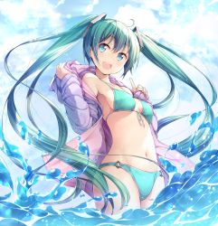 Rule 34 | 1girl, :d, ahoge, alternate costume, aqua bikini, aqua eyes, bare shoulders, bikini, blue hair, blue sky, blush, breasts, commentary, cowboy shot, day, from below, front-tie top, hair ornament, hatsune miku, highres, hood, hood down, hoodie, index finger raised, long hair, long sleeves, looking at viewer, looking down, matsuuni, medium breasts, navel, o-ring, o-ring bottom, off shoulder, open clothes, open hoodie, open mouth, outdoors, revision, sky, smile, solo, swimsuit, thighs, twintails, undressing, unzipped, very long hair, vocaloid, water
