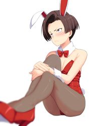 Rule 34 | 1girl, animal ears, ass, bare shoulders, blurry, blurry foreground, blush, bow, bowtie, breasts, brown eyes, brown hair, brown pantyhose, cleavage, detached collar, frown, guchiaki, harukawa fuki, high heels, hugging own legs, leotard, lycoris recoil, pantyhose, playboy bunny, rabbit ears, rabbit tail, red bow, red bowtie, red footwear, short hair, simple background, sitting, small breasts, tail, white background