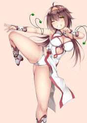 Rule 34 | 1girl, absurdres, ahoge, alternate costume, blush, breasts, brown hair, china dress, chinese clothes, cleavage, dress, gluteal fold, groin, hairband, highres, kantai collection, kuromayu, leg up, long hair, looking at viewer, medium breasts, one eye closed, orange hairband, panties, shiratsuyu (kancolle), short hair, side-tie panties, simple background, sleeveless, sleeveless dress, solo, standing, standing on one leg, underwear, white dress, white panties
