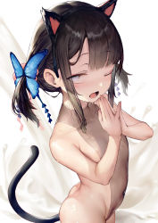 Rule 34 | 1girl, absurdres, animal ears, ass, black hair, black hairband, blue eyes, butterfly hair ornament, cat ears, cat tail, commentary, english commentary, fake animal ears, female focus, flat chest, hair ornament, hairband, highres, leotard, looking at viewer, low twintails, milk, one eye closed, open mouth, original, own hands together, pouring, see-through, shiny skin, sidelocks, solo, tail, twintails, waymay, wet, white background