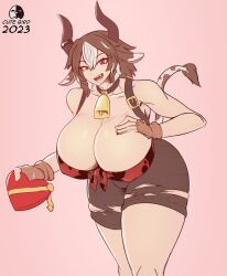Rule 34 | 1girl, 2023, animal ears, artist logo, artist name, bare shoulders, breasts, brown shorts, cleavage, collarbone, cow ears, cow girl, cow horns, cow tail, cowbell, cute birdd, fingerless gloves, gloves, hand on own breast, heart, highres, holding, holding heart, horns, huge breasts, kaori (cute birdd), looking at viewer, open mouth, original, pink background, red eyes, shorts, simple background, solo, tail, teeth, thick thighs, thighs, torn clothes, torn shorts, valentine