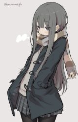 Rule 34 | 1girl, absurdres, blunt bangs, breath, cardigan, grey eyes, hands in pockets, hatohouseplc, highres, long hair, necktie, original, pantyhose, pleated skirt, scarf, school uniform, signature, simple background, skirt, solo, striped clothes, striped scarf, sweater vest