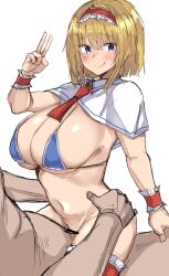 Rule 34 | 1boy, 1girl, :q, alice margatroid, ascot, bar censor, bikini, bikini top only, blonde hair, blue eyes, blush, bottomless, breasts, capelet, censored, cleavage, closed mouth, clothed female nude male, golgi hon, hairband, hetero, highres, huge breasts, lolita hairband, looking at viewer, micro bikini, navel, nude, red ascot, red hairband, sex, short hair, simple background, smile, solo focus, swimsuit, tongue, tongue out, touhou, v, vaginal, white background, white capelet, wrist cuffs