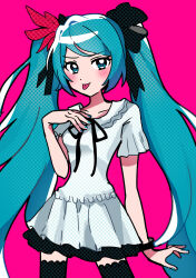 Rule 34 | 1girl, absurdres, aqua eyes, aqua hair, aqua nails, black bow, black thighhighs, blush, bow, bracelet, choker, collar, dress, feather hair ornament, feathers, frilled collar, frills, hair ornament, hand up, hatsune miku, highres, jewelry, long hair, looking at viewer, pink background, pleated dress, red feathers, short dress, simple background, sugarmonaka, supreme (module), thighhighs, tongue, tongue out, very long hair, vocaloid, white dress, world is mine (vocaloid)