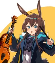 Rule 34 | 1girl, absurdres, amiya (arknights), animal ears, arknights, black jacket, blue eyes, blush, bow (music), brown hair, hair between eyes, highres, holding, holding bow (music), holding instrument, holding violin, instrument, jacket, jewelry, long hair, long sleeves, looking at viewer, open clothes, open jacket, open mouth, rabbit ears, ring, simple background, smile, solo, thumb ring, togo (korlsj1235), upper body, very long hair, violin, yellow background