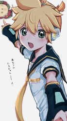 Rule 34 | 1boy, aqua eyes, arm warmers, black collar, blonde hair, blurry, blurry background, character request, collar, collared shirt, commentary, doll, headphones, highres, kagamine len, looking at viewer, male focus, master (vocaloid), nail polish, necktie, open mouth, outstretched arm, pointing, pov, pov hands, pulling, sailor collar, school uniform, shirt, short ponytail, short sleeves, spiked hair, sweat, umijiroo, upper body, v-shaped eyebrows, vocaloid, white shirt, yellow nails, yellow neckwear