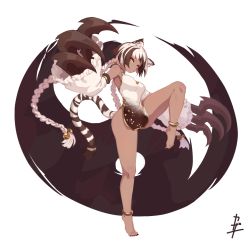 Rule 34 | 1girl, animal ears, anklet, barefoot, braid, breasts, china dress, chinese clothes, claws, commentary request, dark-skinned female, dark skin, detached sleeves, dress, full body, highres, jewelry, kazana (sakuto), large breasts, leg lift, long hair, multicolored hair, nail polish, original, parted lips, short dress, simple background, solo, streaked hair, toenail polish, toenails, twin braids, very long hair, white background, white hair, yellow eyes, yin yang