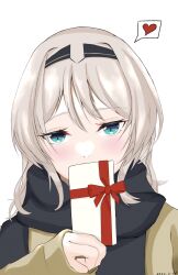 Rule 34 | 1girl, an-94 (girls&#039; frontline), aqua eyes, black scarf, blonde hair, blush, bow, bowtie, brown sweater, dated, gift, girls&#039; frontline, hair ornament, hairband, heart, highres, holding, holding gift, incoming gift, long sleeves, looking at viewer, medium hair, red bow, red bowtie, red ribbon, ribbon, scarf, simple background, solo, spoken heart, sweater, tigger drawing, valentine, white background