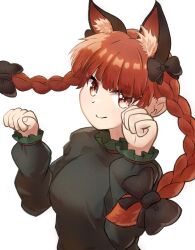 Rule 34 | 1girl, animal ear fluff, animal ears, black bow, bow, braid, cat ears, clenched hands, extra ears, fingernails, highres, kaenbyou rin, looking at viewer, paw pose, red eyes, red hair, simple background, smile, solo, touhou, tsurime, twin braids, user weyp3477