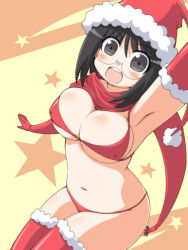 Rule 34 | 1girl, armpits, bikini, black hair, blush, breasts, christmas, cleavage, covered erect nipples, elbow gloves, glasses, gloves, grey eyes, hat, large breasts, micro bikini, naitou kouse, open mouth, original, red bikini, red gloves, santa costume, santa hat, short hair, solo, swimsuit, thighhighs, underboob