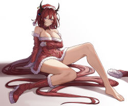 Rule 34 | 1girl, absurdly long hair, arknights, barefoot, blush, boots, breasts, christmas, cleavage, collar, feet, fkskii65, frown, highres, large breasts, long hair, looking at viewer, purple eyes, red hair, santa costume, solo, surtr (arknights), thighs, very long hair