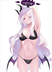 Rule 34 | 1girl, armpits, bare arms, bare legs, bare shoulders, bikini, black bikini, black horns, blue archive, breasts, collarbone, commentary request, cowboy shot, demon horns, demon wings, eko, halo, highres, hina (blue archive), horns, long hair, multiple horns, navel, parted bangs, purple eyes, simple background, small breasts, solo, swimsuit, very long hair, white background, white hair, wings