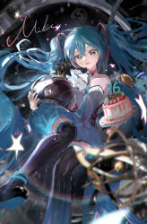 Rule 34 | 1girl, :d, absurdres, bare shoulders, black footwear, blue eyes, blue hair, blush, boots, breasts, cake, character name, cleavage, dot nose, dress, food, foot out of frame, hair between eyes, hatsune miku, head tilt, headset, highres, holding, holding cake, holding food, kikinoki, looking at viewer, microphone, open mouth, pleated dress, short dress, small breasts, smile, solo, strapless, strapless dress, thigh boots, twintails, vocaloid, white dress