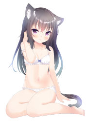 Rule 34 | &gt;:(, 1girl, animal ear fluff, animal ears, black hair, bra, breasts, cat ears, cat girl, cat tail, full body, long hair, original, panties, purple eyes, simple background, sitting, small breasts, tail, umi suzume, underwear, underwear only, v-shaped eyebrows, white background, white bra, white panties, yokozuwari
