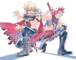 Rule 34 | 2boys, abs, alternate universe, arm behind head, arm on knee, backlighting, bakugou katsuki, belt, belt buckle, black belt, black footwear, black pants, blonde hair, boku no hero academia, boots, brown belt, buckle, cape, commentary, cross-laced footwear, detached sleeves, earrings, elbow pads, eyebrows hidden by hair, floating cape, full body, fur-trimmed boots, fur-trimmed cape, fur trim, gloves, grey gloves, grey pants, grin, hand up, holding, holding sword, holding weapon, jewelry, katana, kirishima eijirou, knee boots, knee pads, lace-up boots, looking ahead, magatama, magatama earrings, medieval, multicolored hair, multiple boys, necklace, no nipples, no shirt, official alternate costume, open clothes, open mouth, open vest, orange sleeves, outstretched arms, pants, red eyes, red hair, ritsuko (rittii), sanpaku, sharp teeth, sheath, sheathed, short eyebrows, short hair, simple background, single bare arm, single glove, smile, spiked hair, squatting, streaked hair, sword, sword behind back, teeth, toned, toned male, tooth earrings, tooth necklace, torn cape, torn clothes, triangle print, v-shaped eyebrows, vest, waist cape, weapon, white background