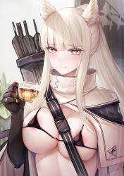 Rule 34 | 1girl, animal ears, areola slip, arknights, arrow (projectile), bad id, bad pixiv id, bikini, binggong asylum, black bikini, black gloves, breasts, chinese commentary, commentary request, cum, cup, gloves, hand up, highres, holding, holding cup, jacket, kingdom of kazimierz logo, large breasts, long hair, looking at viewer, micro bikini, midriff, platinum (arknights), quiver, silver hair, solo, swimsuit, teacup, translation request, unaligned breasts, upper body, white jacket, yellow eyes