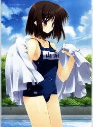 Rule 34 | 1girl, brown eyes, brown hair, cloud, day, highres, looking at viewer, nakamura takeshi, one-piece swimsuit, original, outdoors, school swimsuit, sky, solo, swimsuit, tree