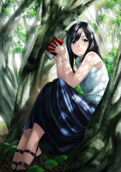 Rule 34 | 1girl, bare arms, bare shoulders, black hair, blue eyes, blush, book, day, from side, full body, high heels, holding, holding book, long hair, long skirt, looking at viewer, nature, original, outdoors, sandals, sitting, skirt, sleeveless, smile, solo, tree, unowen