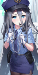 Rule 34 | 1girl, absurdly long hair, absurdres, alternate costume, aris (blue archive), belt, belt pouch, black belt, black hair, black pantyhose, blue archive, blue eyes, blue hat, blue shirt, blush, cowboy shot, cuffs, gloves, hair between eyes, halo, handcuffs, hat, highres, holding, holding handcuffs, long hair, miniskirt, mouth hold, necktie, pantyhose, pencil skirt, pizza (pizzania company), pocket, police, police hat, police uniform, policewoman, pouch, purple necktie, purple skirt, shirt, shirt tucked in, short sleeves, skirt, solo, uniform, v-shaped eyebrows, very long hair, walkie-talkie, whistle, white gloves
